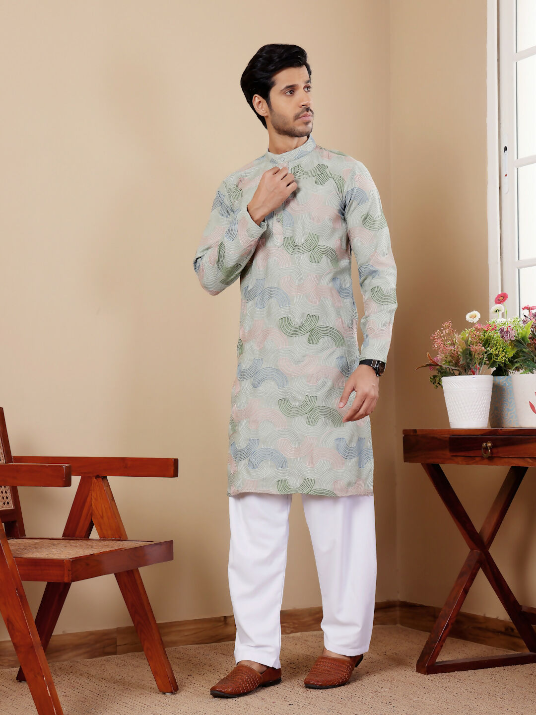 Pistel Green Linen Designer Embroidery Work Men's Rajwadi Kurta Set - Mahotsav