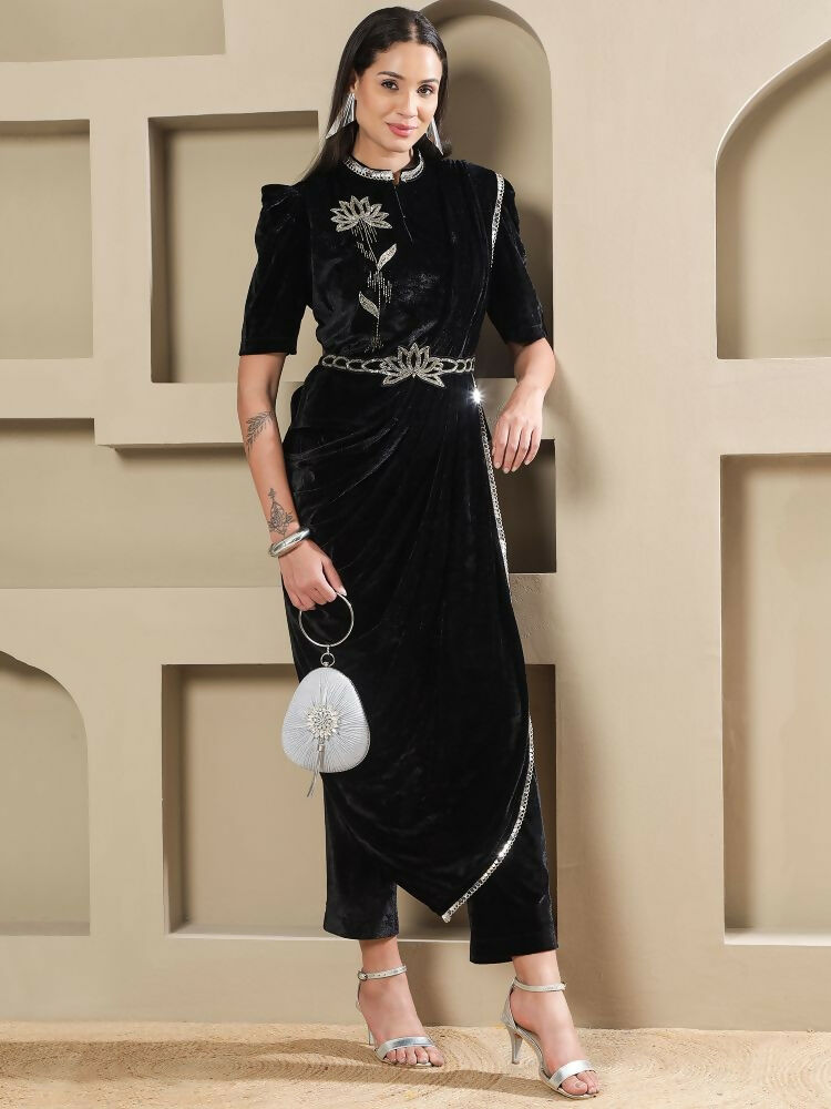 Joban Fashion Women Black Velvet Hand Embellishment Stitched Kurta Set