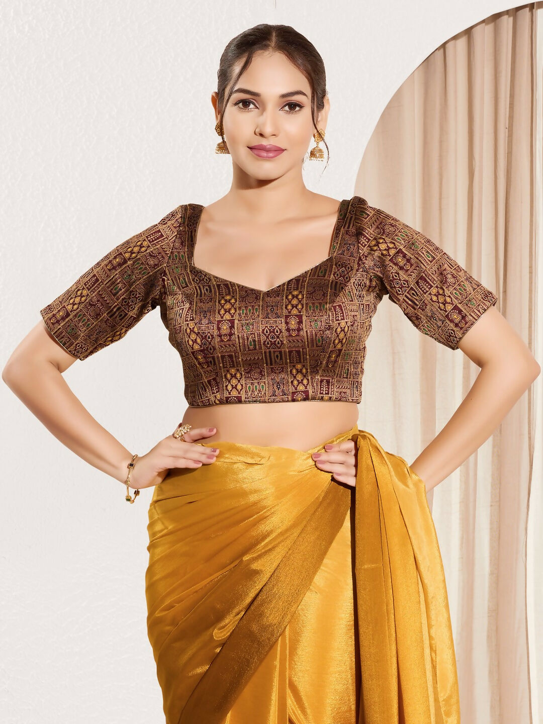 Joban Fashion Dark Maroon Brocade Padded Blouse With Round Neck Elbow Sleeves