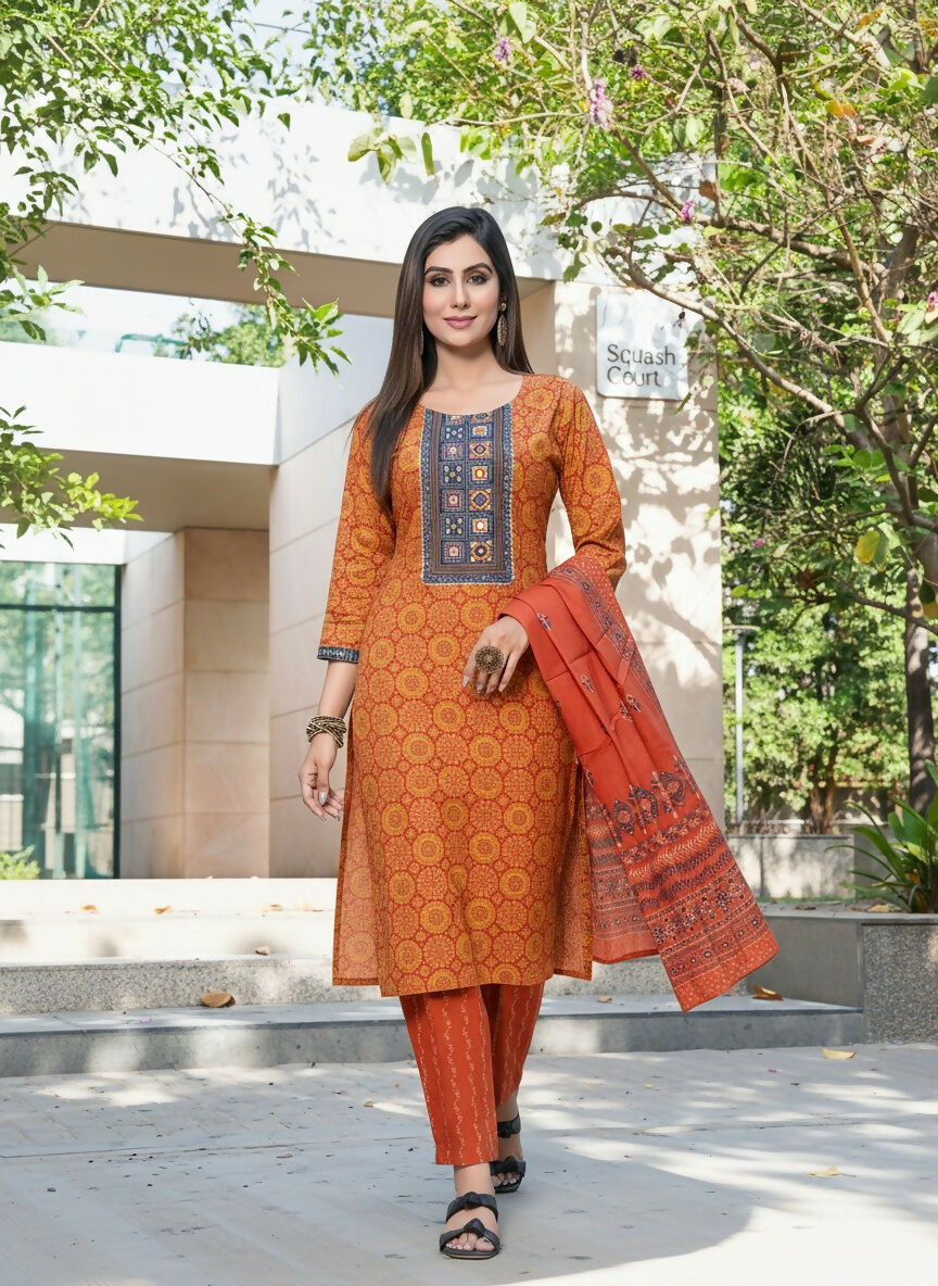 BulBul Aaliya Rust Cotton Kurta Set with Dupatta 