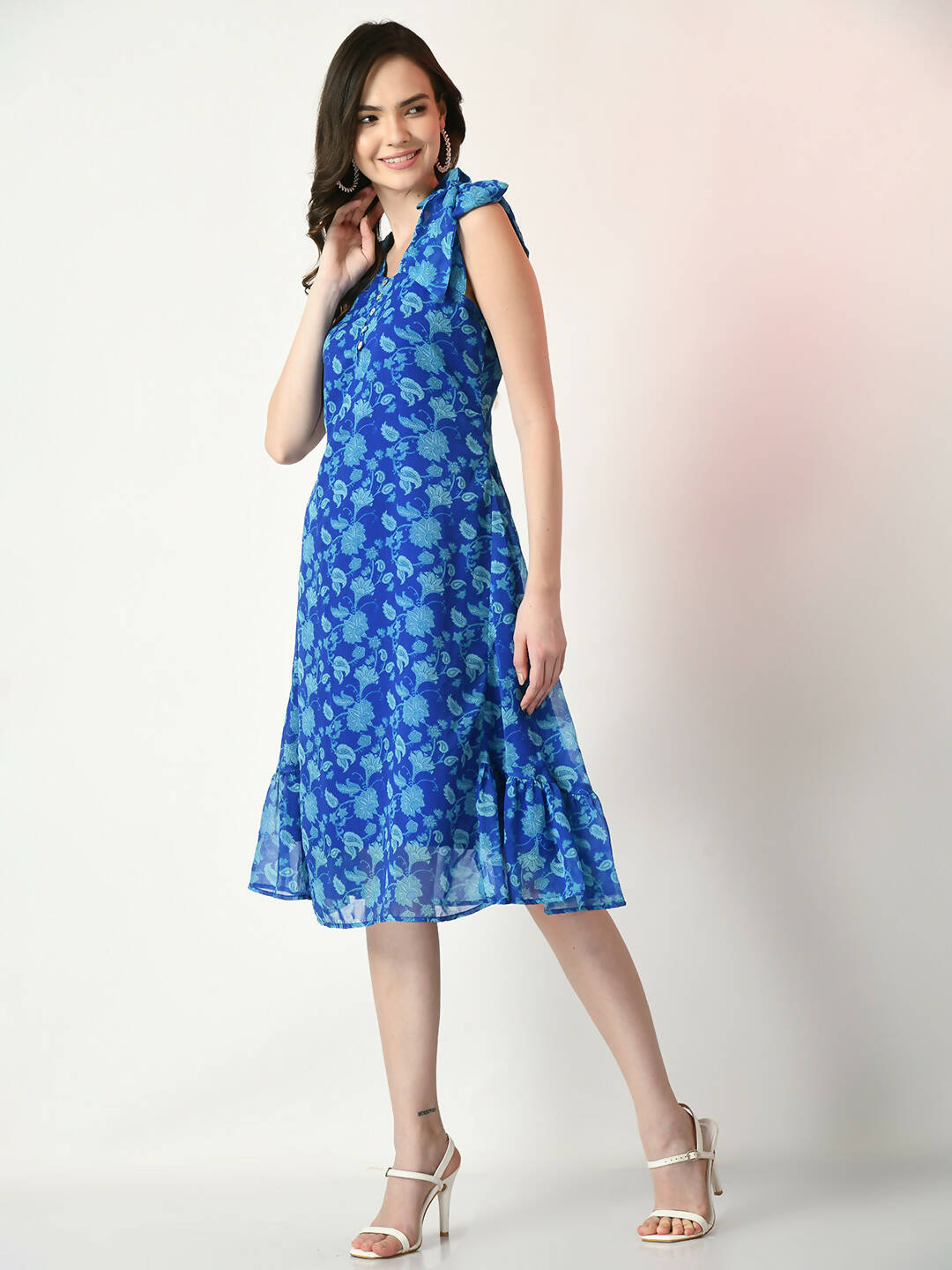 Myshka Women's Blue Fit and Flare Printed Dress