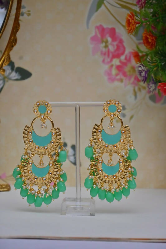 Meenakari Work Gold Plated 2 Layered Beaded Apple Green Chandbali Earrings with Kundan and Pearl Work By House of Ree - Grab2buy