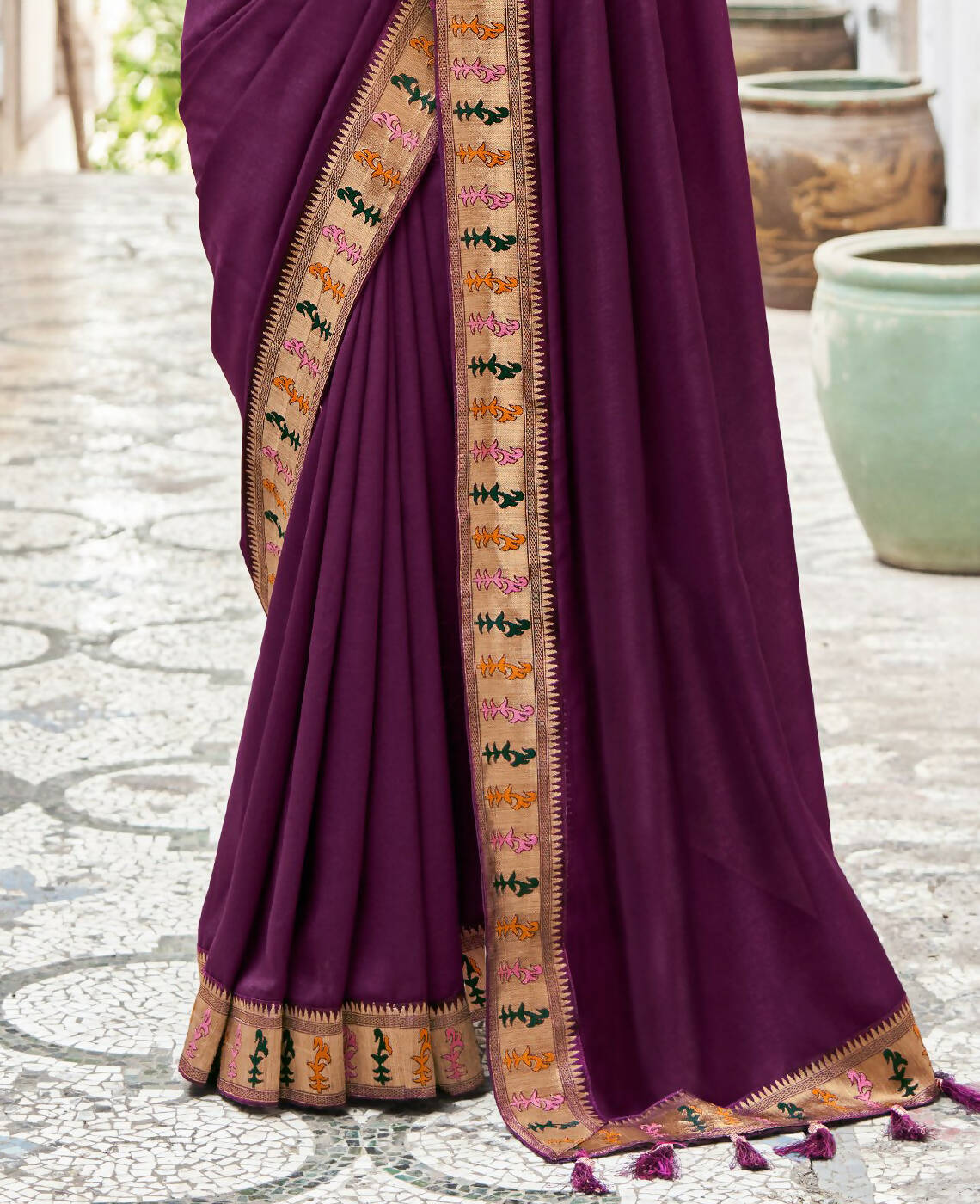 Purple Vichitra Solid Saree With Unstitched Blouse Piece - Juhi