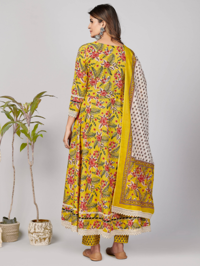 NOZ2TOZ Women's Yellow Anarkali Kurta & Pant With Dupatta Set- (3pcs Set) 
