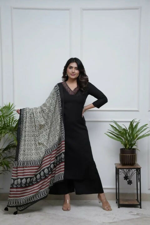 The52 Black Women's Gorgeous Parampara Fabric Embroidered Work Straight Kurta Palazzo and Dupatta Set | Grab2Buy