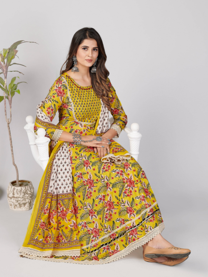 NOZ2TOZ Women's Yellow Anarkali Kurta & Pant With Dupatta Set- (3pcs Set) 
