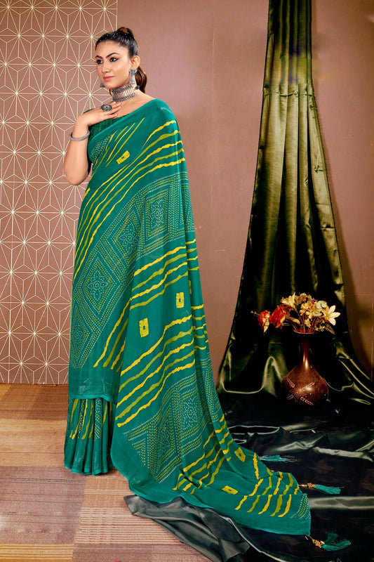 Teal Chiffon Leheriya Printed Saree With Unstitched Blouse Piece - Shanaya