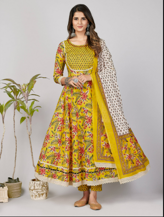 NOZ2TOZ Women's Yellow Anarkali Kurta & Pant With Dupatta Set- (3pcs Set) 