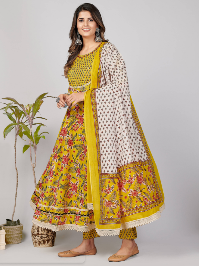 NOZ2TOZ Women's Yellow Anarkali Kurta & Pant With Dupatta Set- (3pcs Set) 