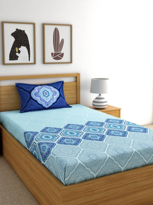 Dreamscape Blue & Turquoise Blue 140 TC Pure Cotton Bedsheet with Pillow Covers 