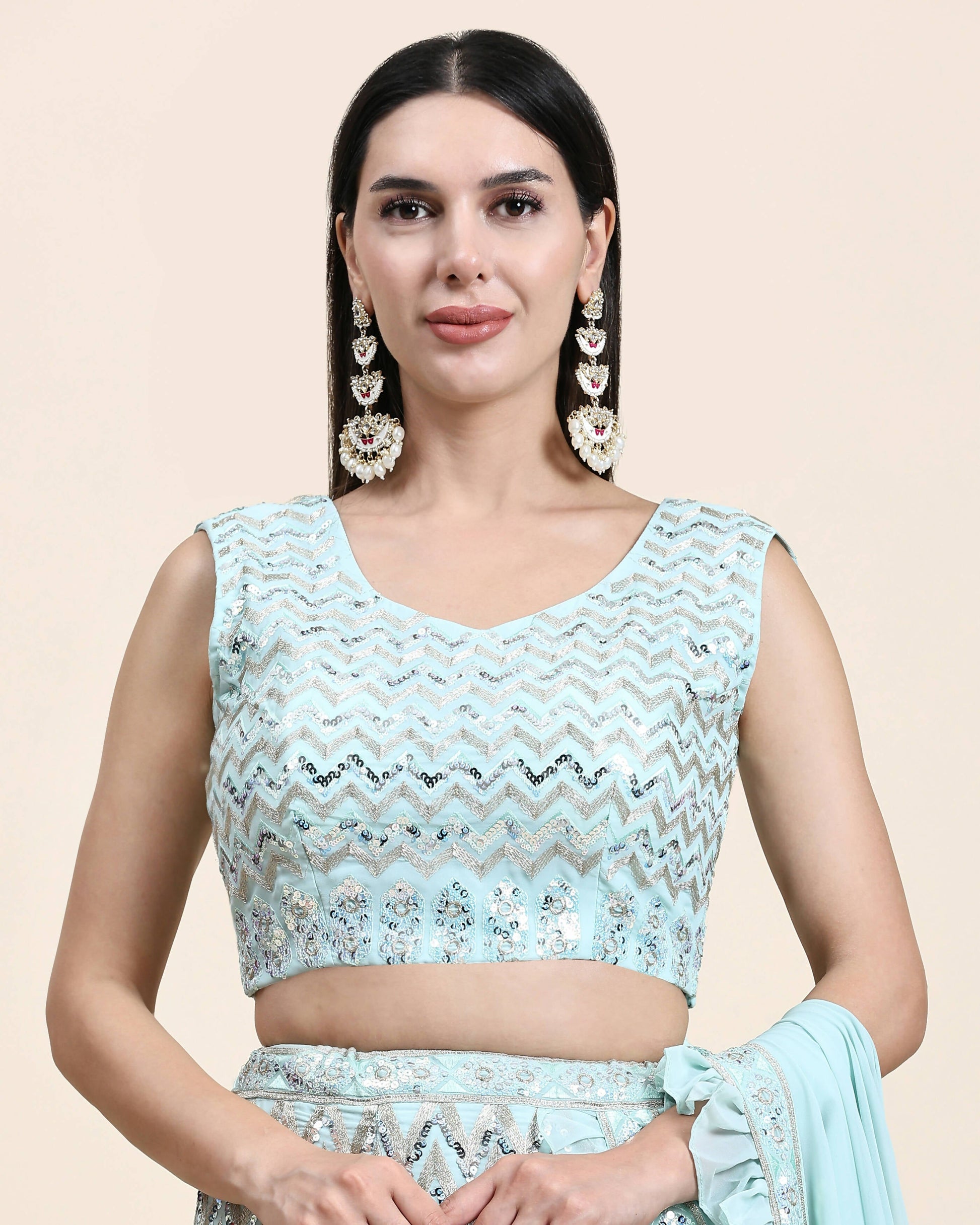 Sky Blue Pure Viscose Georgette Thread With Sequins Embroidery Work Lehenga Choli With Dupatta - Tanya