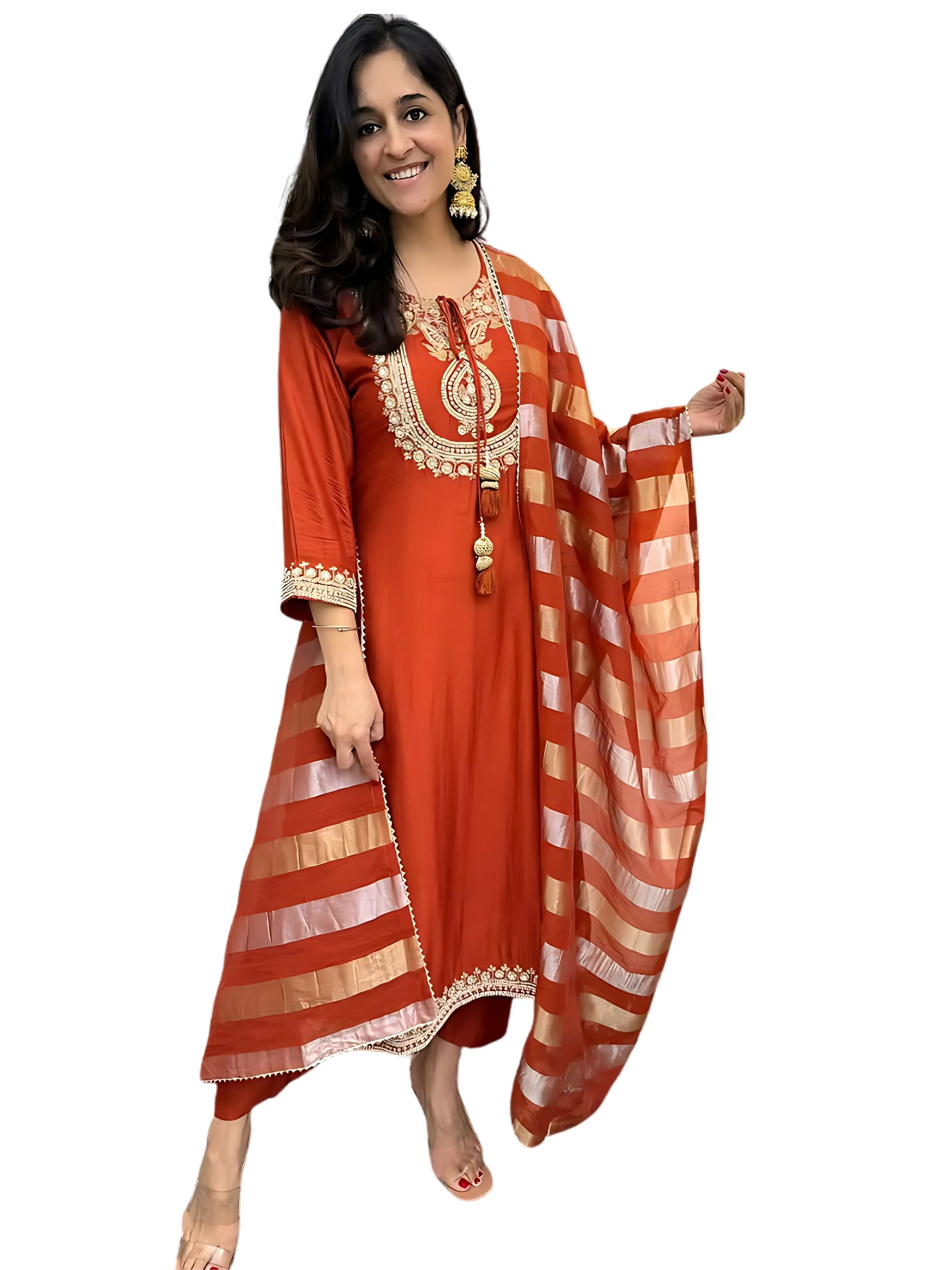 The52 Orange Women's Gorgeous Embroidered work Chanderi Fabric Straight Kurta, Pant and Dupatta Set | Grab2Buy