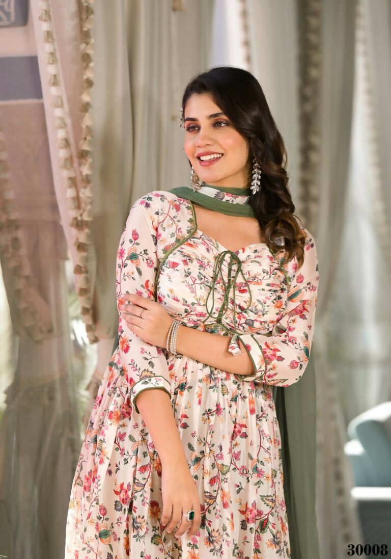 Designer Stylish Cream Slim Georgette Stitched Suit With Dupatta - Kiyara
