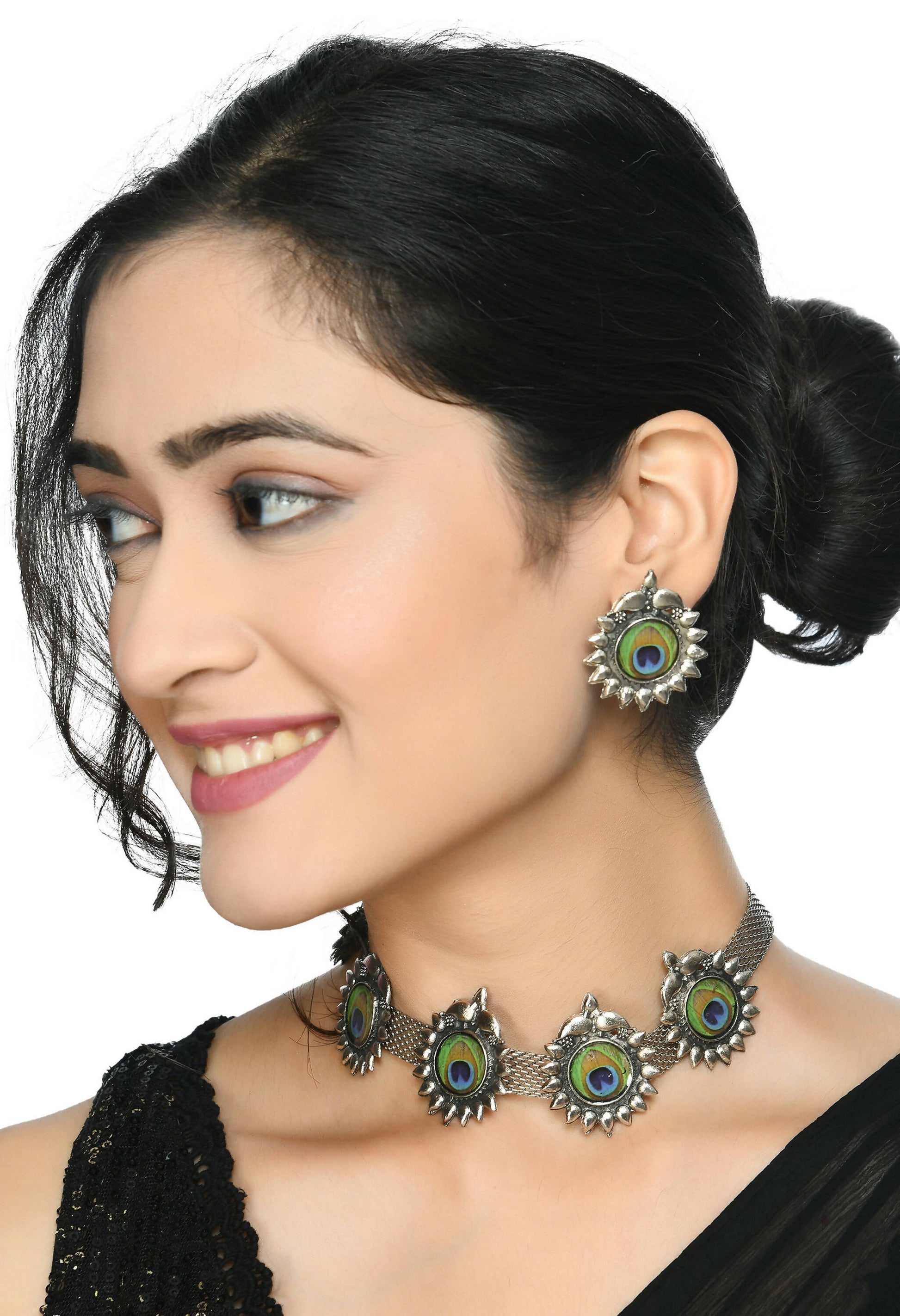 Mominos Fashion Johar Kamal Oxidised Silver-Plated Peacock Wings Work Necklace Handicraft - Grab2buy
