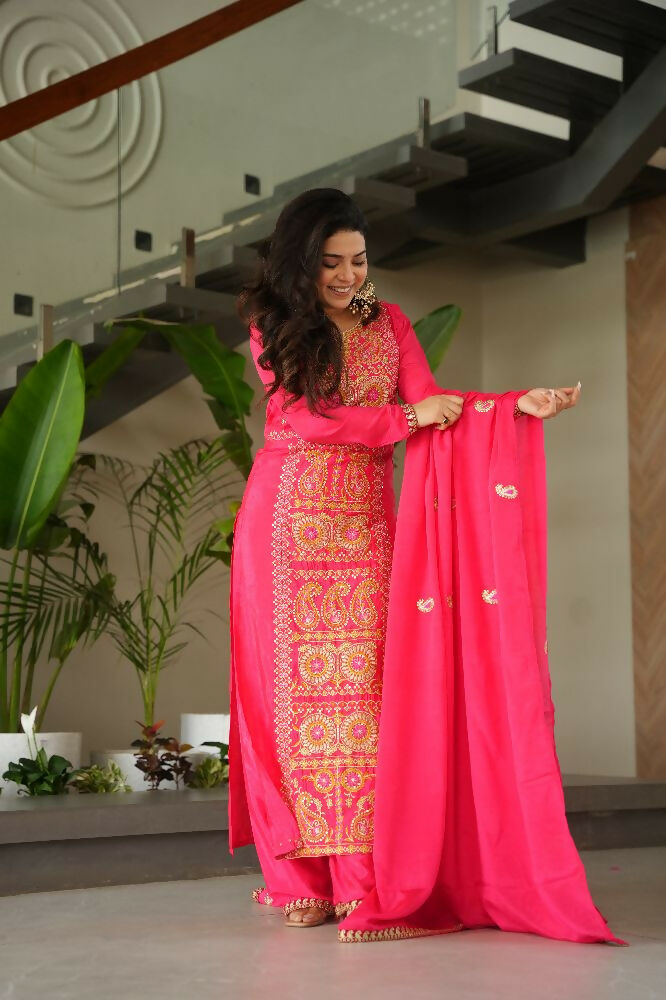 Joban Fashion Gajri Kurta Set Silk Sequins , Zari, Coding & Thread Embroidered work