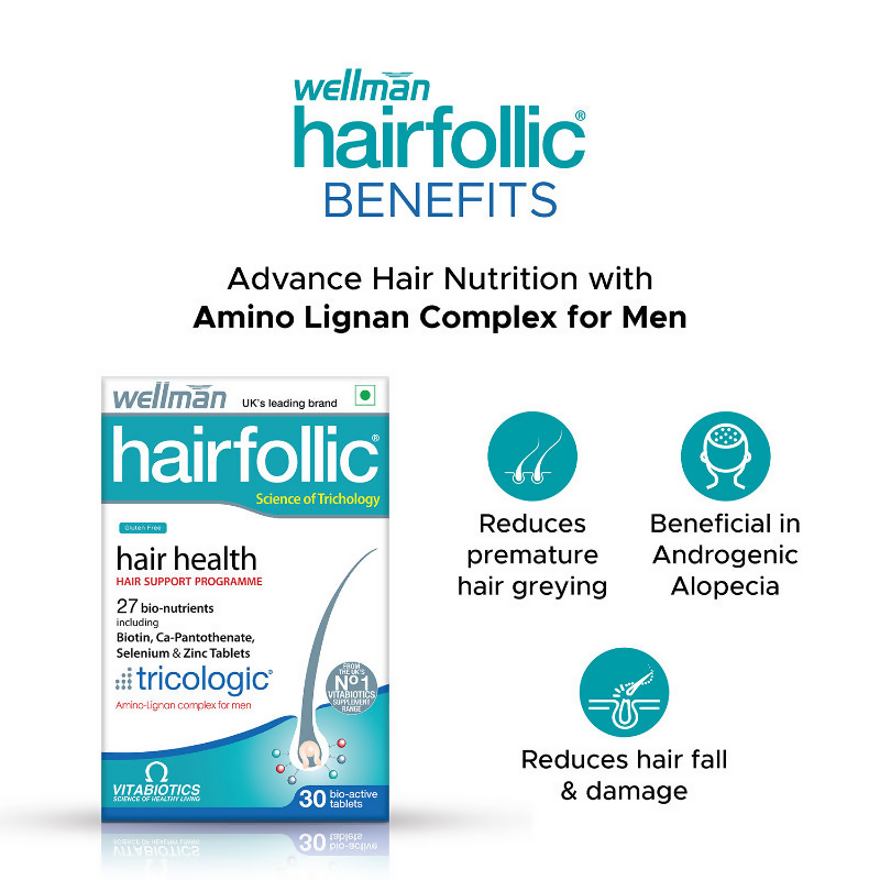 Wellman Hairfollic UK's No.1 Hair Supplement Tablets For Men ( Tricologic Formula 30 Vitamins & Minerals)  Grab2Buy Wellwoman Grab2Buy