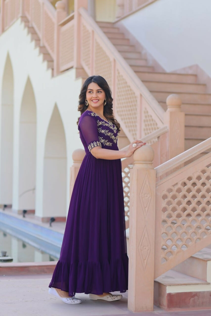 Teeya Creation Purple Color Faux Georgette Party Wear Hand Embroidery Work Long Gown