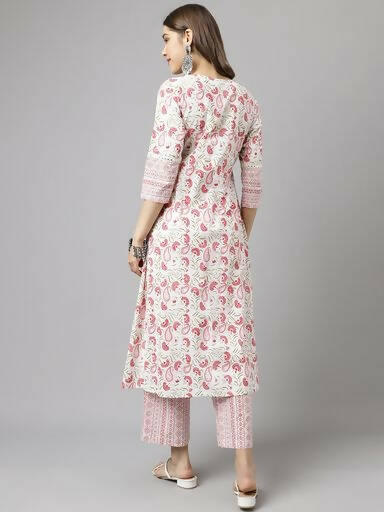 FIORRA Women's White Cotton A-line Kurta with Palazzo 