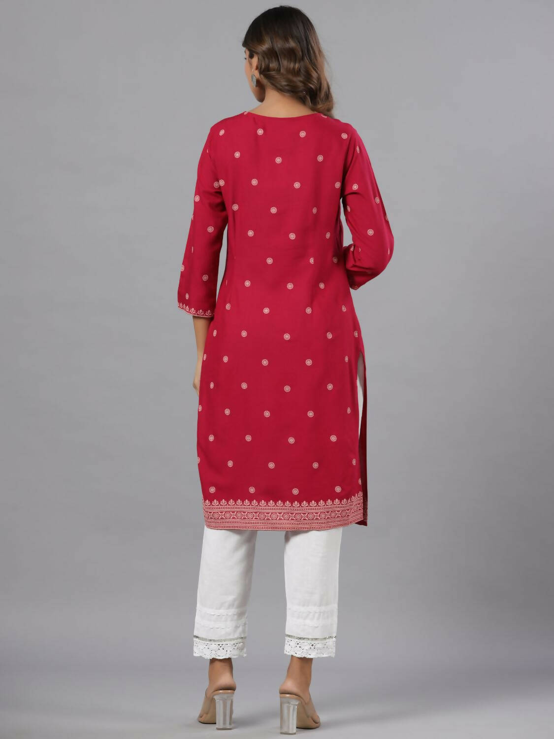 Juniper Women Fuchsia Rayon Printed Knee Length Straight Kurta