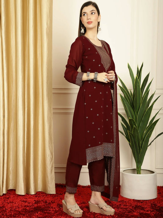 Aastha Fashion Women's Maroon Georgette Resham Thread & Sequin Kurta with Trouser & Dupatta - Grab2buy