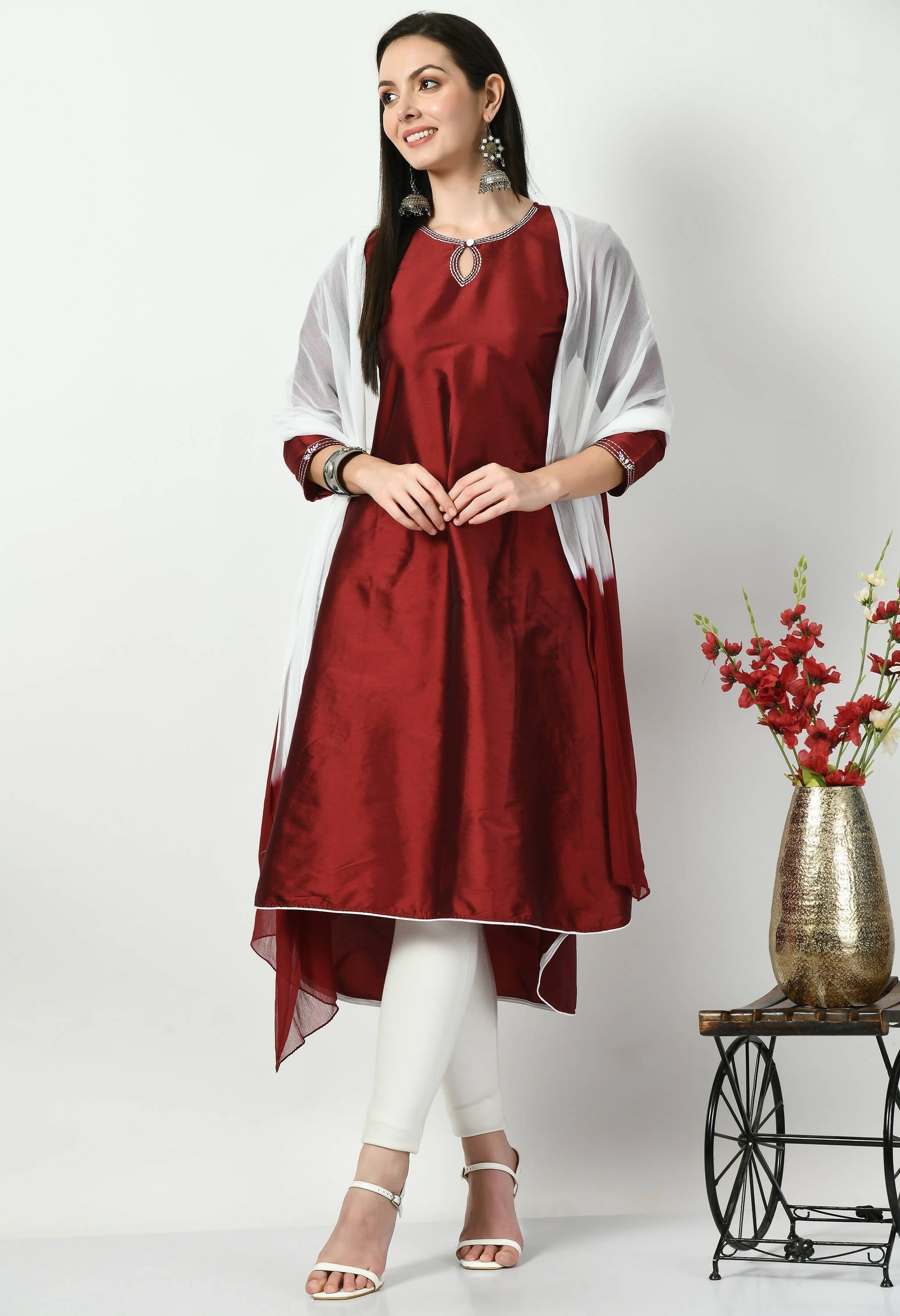 Women's Maroon Embroidered Polysilk Kurti With Lycra Pant Double Dyed Dupatta - G & A Apparels 