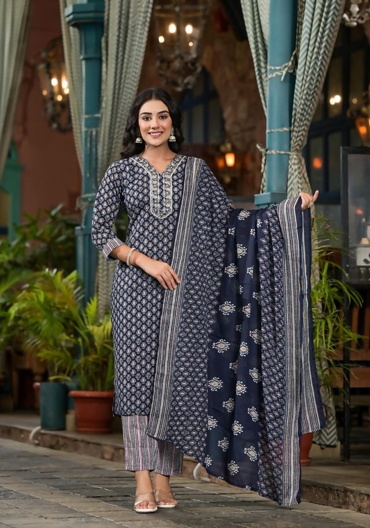 Juniper Women's Navy Ethnic Motif Printed Cotton Kurta Pant And Dupatta Set With Mirror Work & Sequins