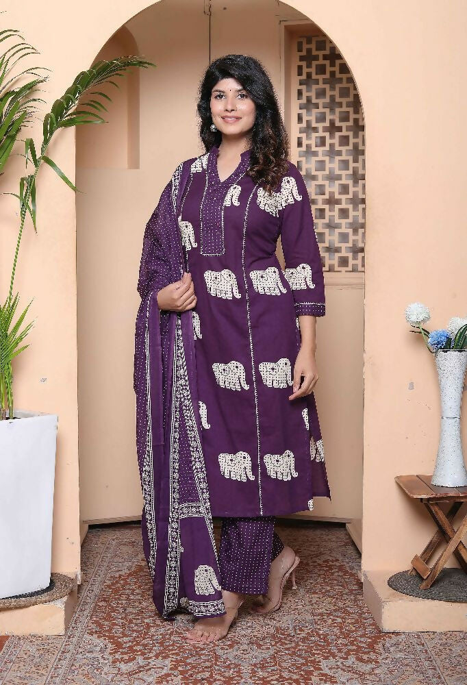 Miravan Womens Purple Cotton Animal Print Kurta With Palazzo And Dupatta