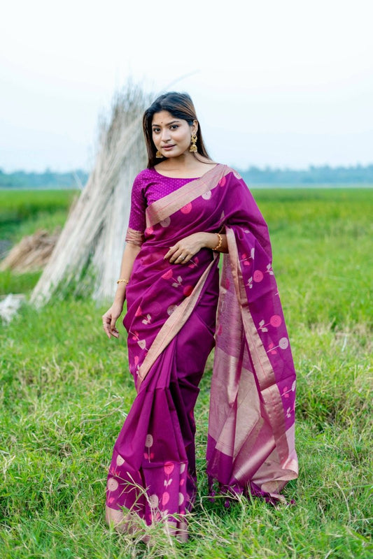 Aastha Fashion Magenta Woven Cotton Silk Saree with Blouse - Grab2buy