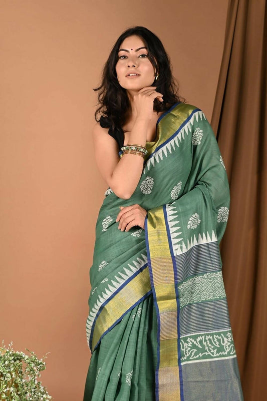 Very Much Indian Pure Cotton Handloom Saree With Intricate Borders - Green - Grab2buy