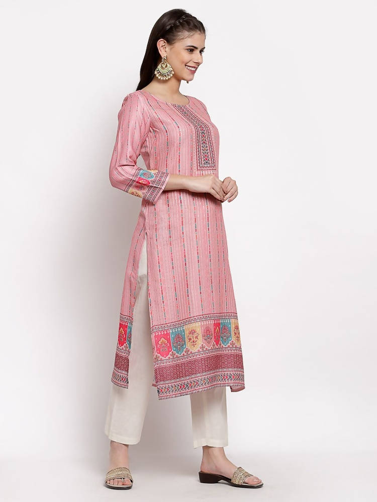 Myshka Women's Traditional Multi Cotton Printed 3/4 Sleeve Round Neck Casual Kurta