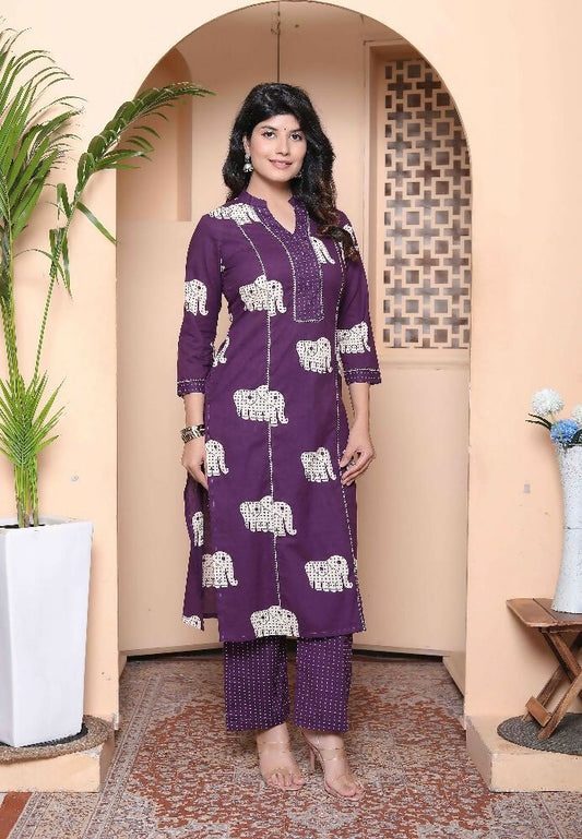 Miravan Womens Purple Printed Kurta With Palazzo