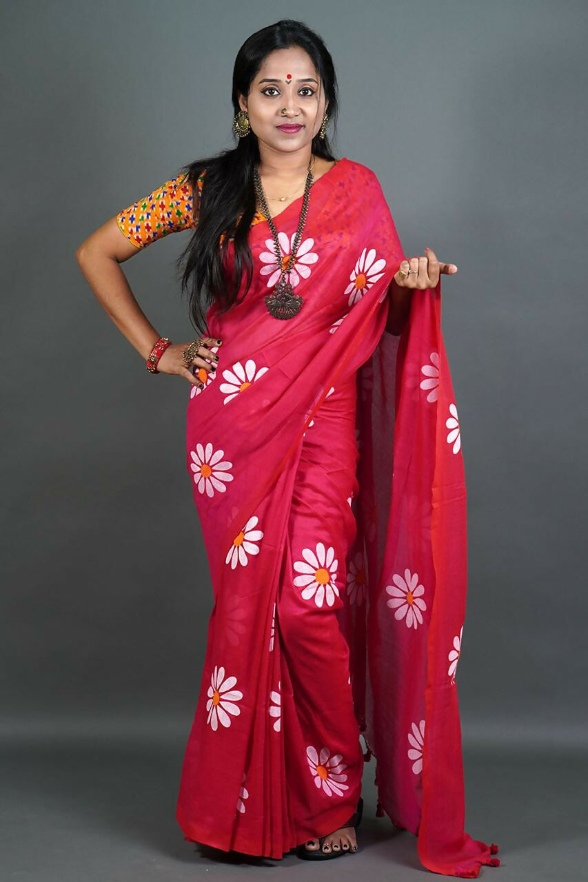 Exclusive Collection Red Pure Cotton Grab2Buy With Sunflower Design 