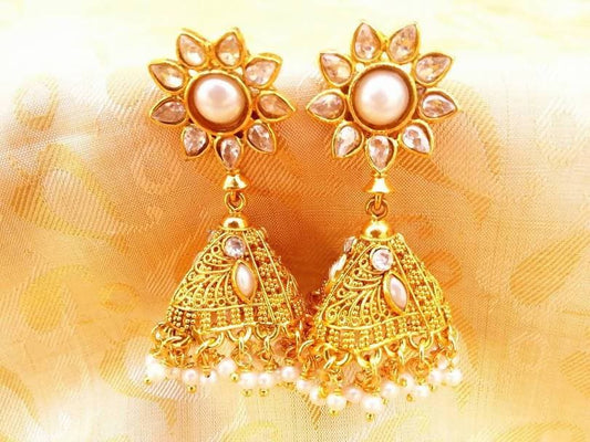 White Kemp Pearls Jhumkas