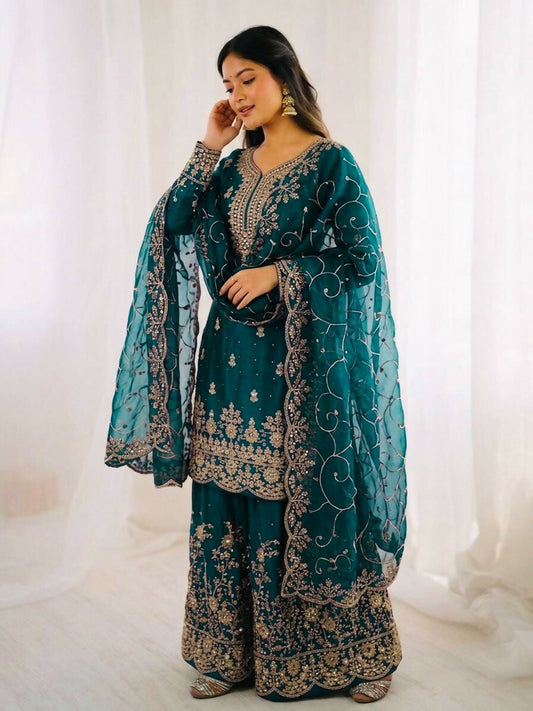 Teeya Creation Morpich Color Gymmi Silk Embroidery Work Wedding Wear Sharara Set