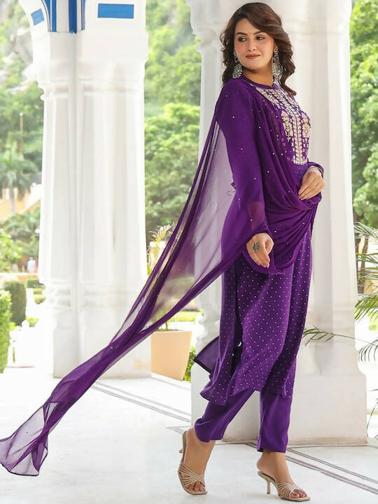 Kalini Floral Embroidered Mandarin Collar Regular Mirror Work Kurta & Trousers & Dupatta - Grab2buy