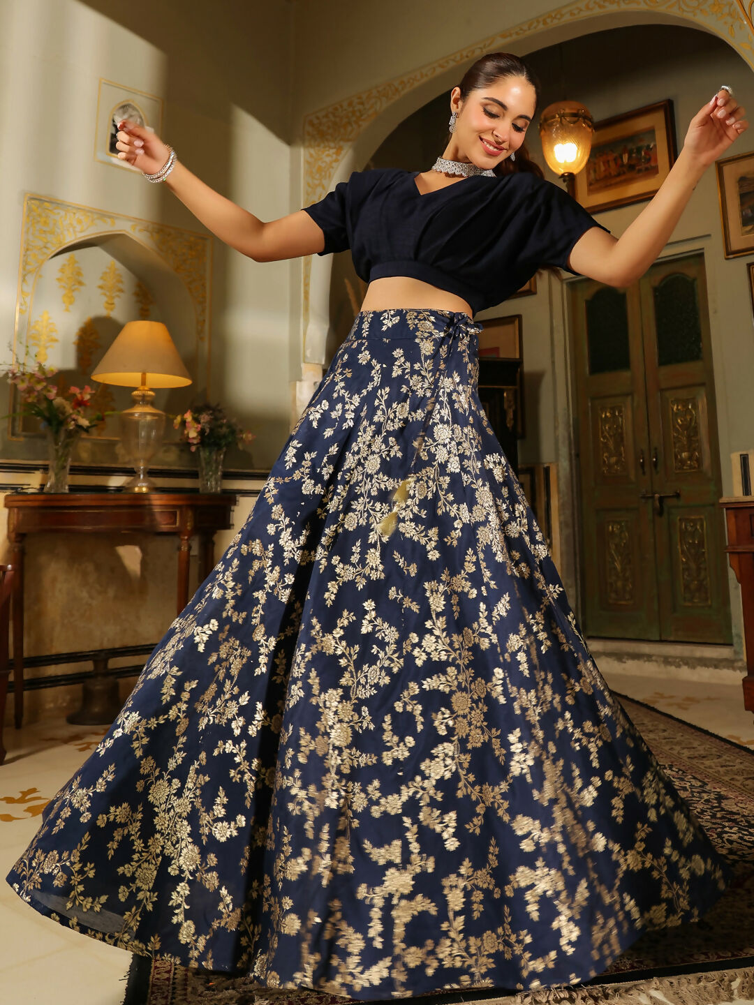 Janasya Navy Blue Silk Blend Solid Lehenga Choli 