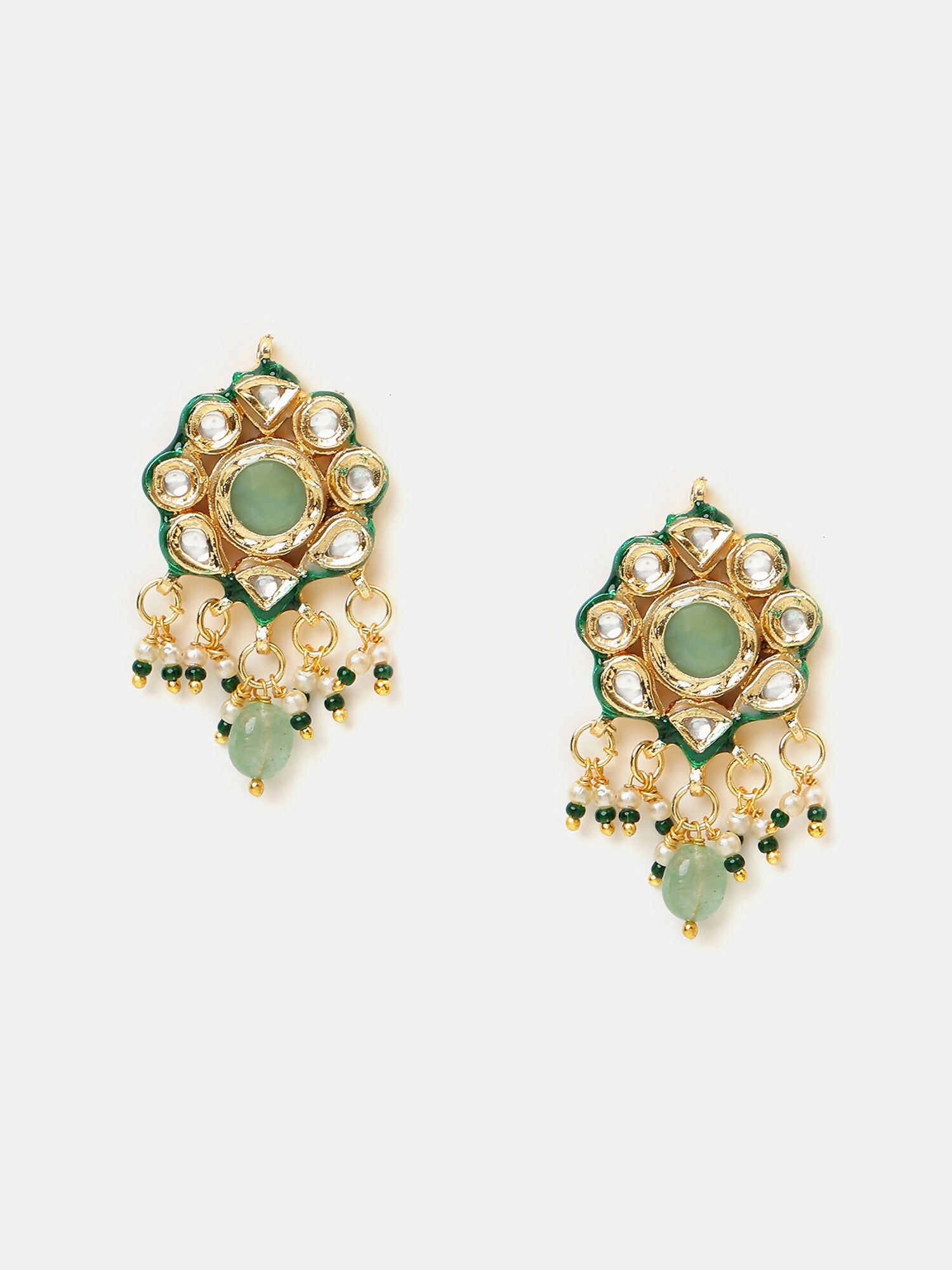 Ruby Raang Green-Gold Kundan Neck Piece With Matching Earrings And Maang Tikka