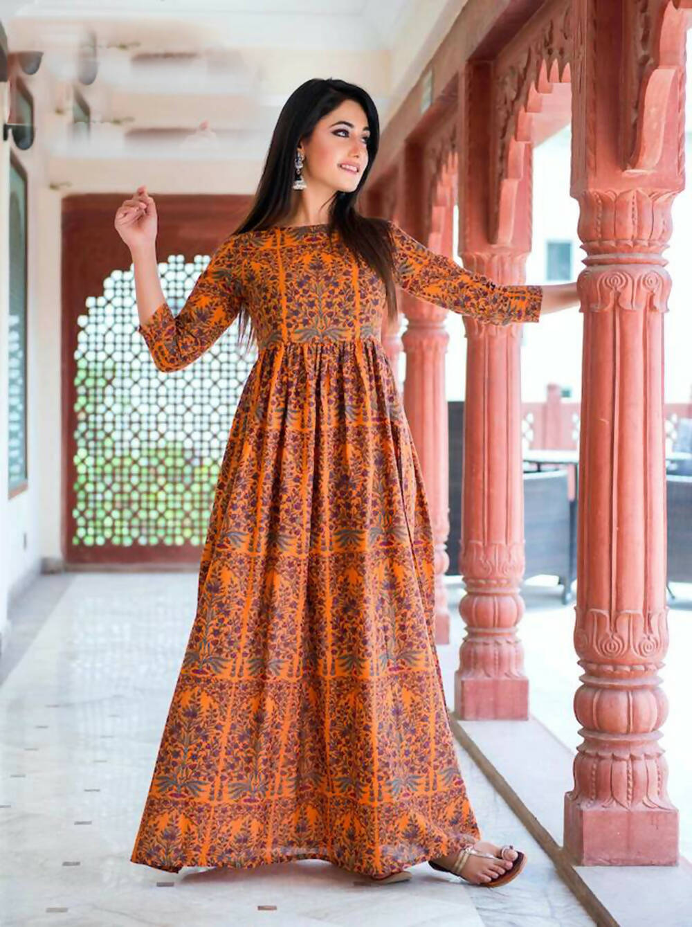 Designer Partywear Printed Dark Coral Pure Maslin Gown - Anbazaar
