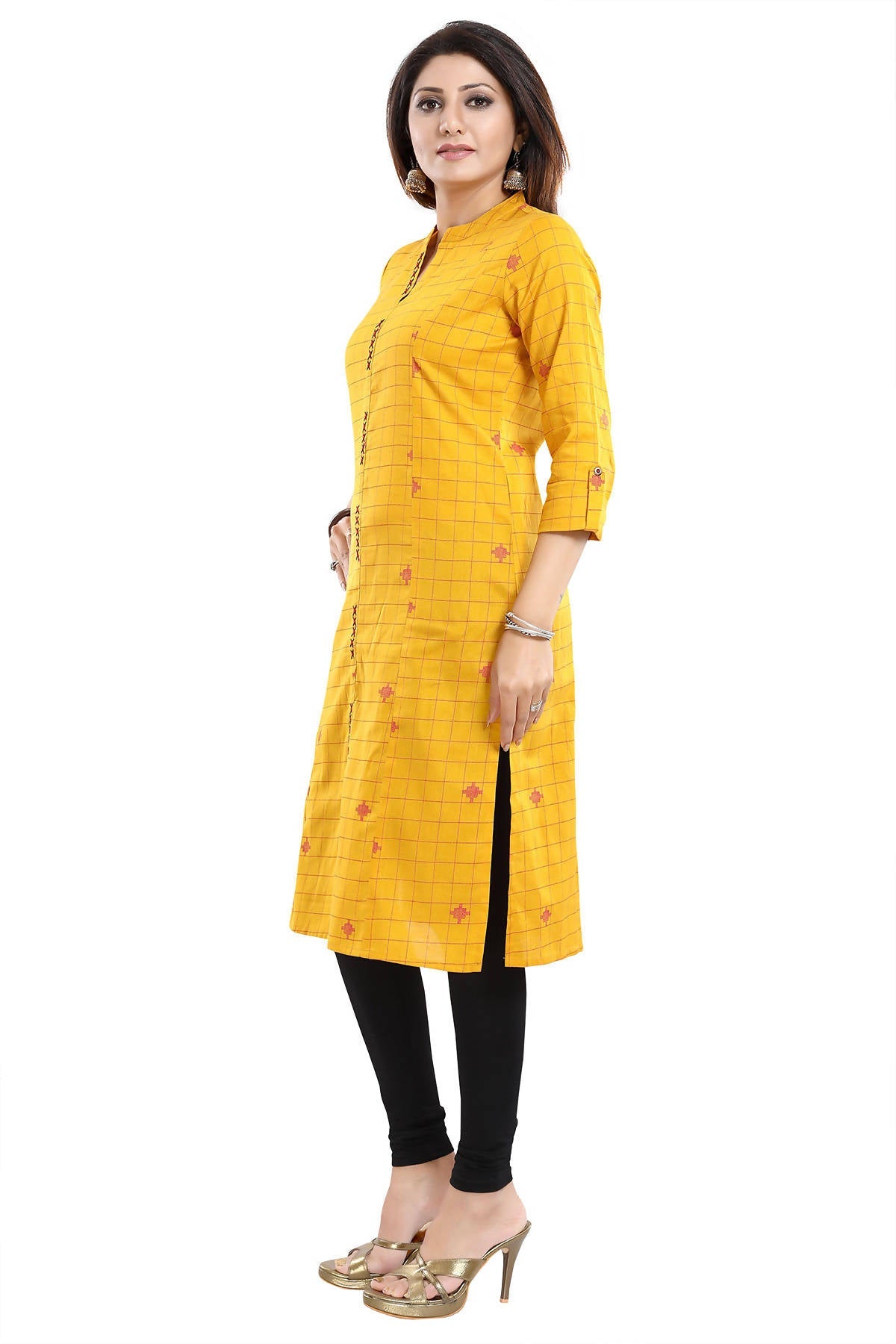 Snehal Creations Checkered Print Yellow Long Cotton Kurti