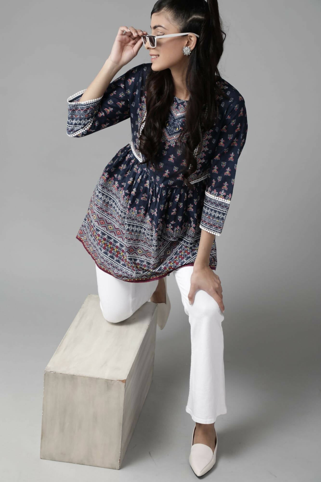 Juniper Women Indigo Cambric Printed A-Line Tunic