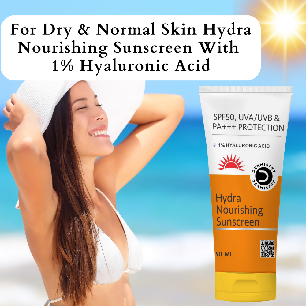 Dermistry 1% Hyaluronic Acid Ultra Hydrating Sunscreen for Dry Skin SPF 50 UVA UVB PA+++ Protection 