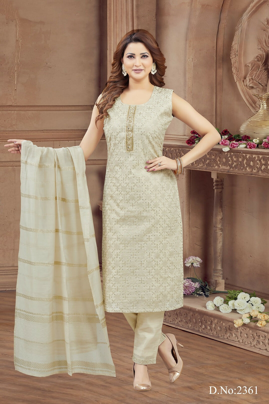 Joban Fashion Women Tissue Cream Round Neck Emroidery Kurta Set