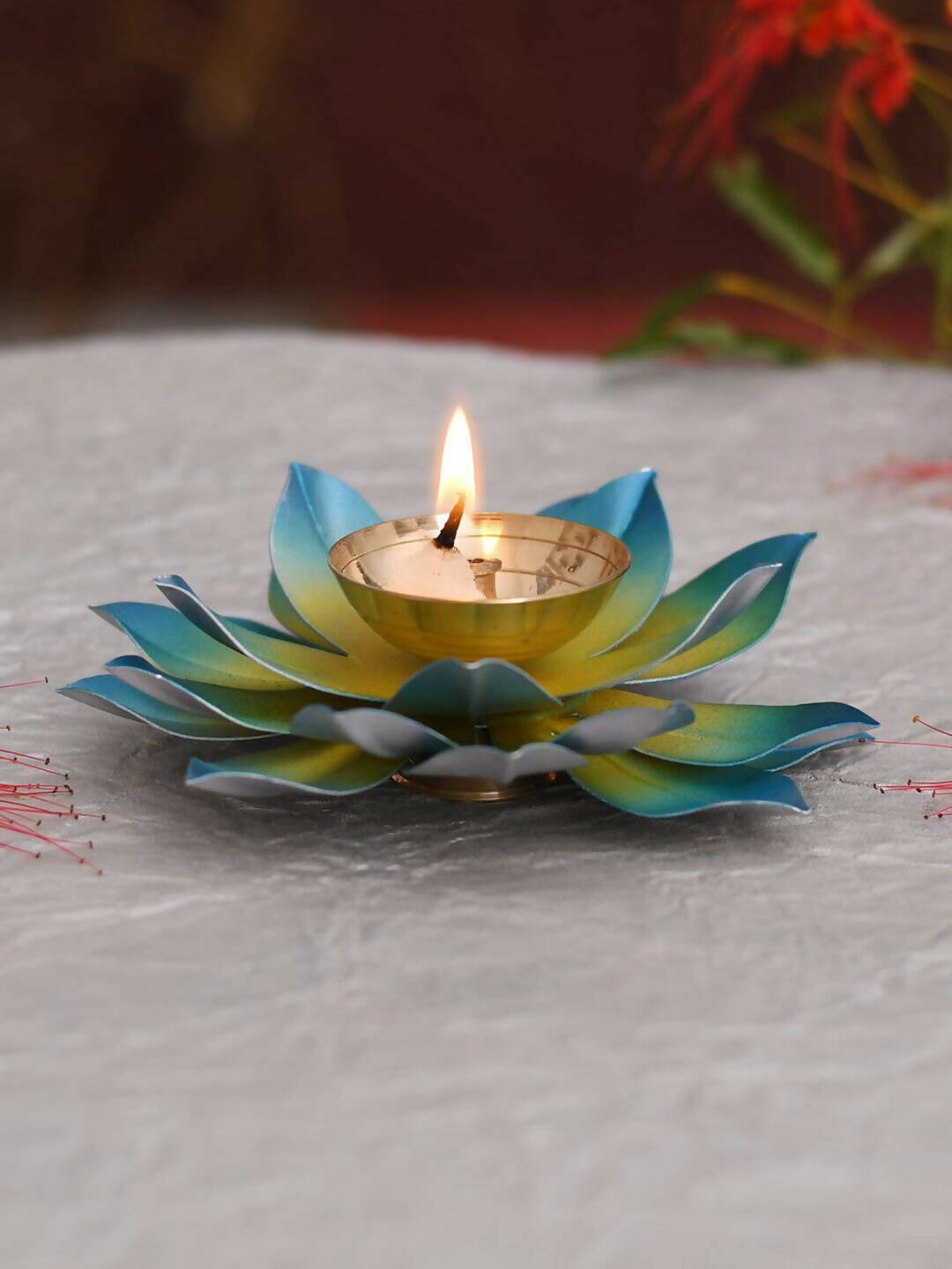 CraftVatika Blue Lotus Hand Painted Diya Metal 