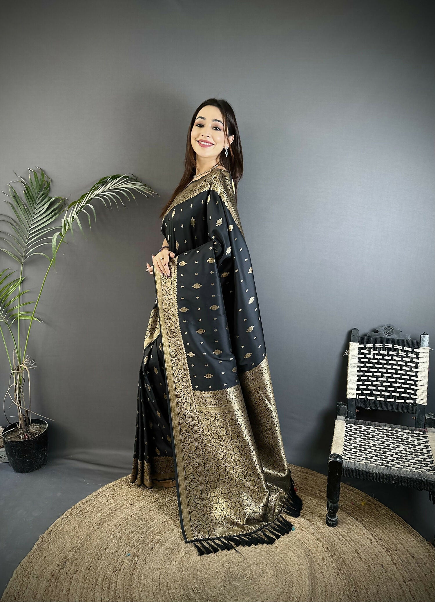 Joban Fashion Black Zari Weaving Motif Lichi Silk Banarasi Silk Saree