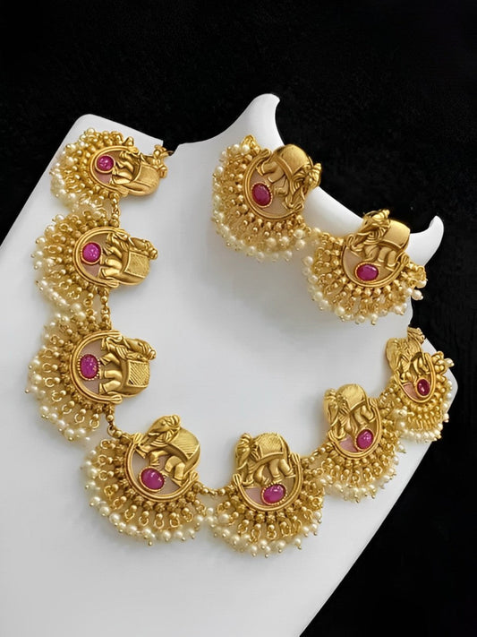 Jewel City Exquisite Elephant Motif Gold Necklace Set with Pearl Accents - Traditional Indian Jewelry | Grab2Buy