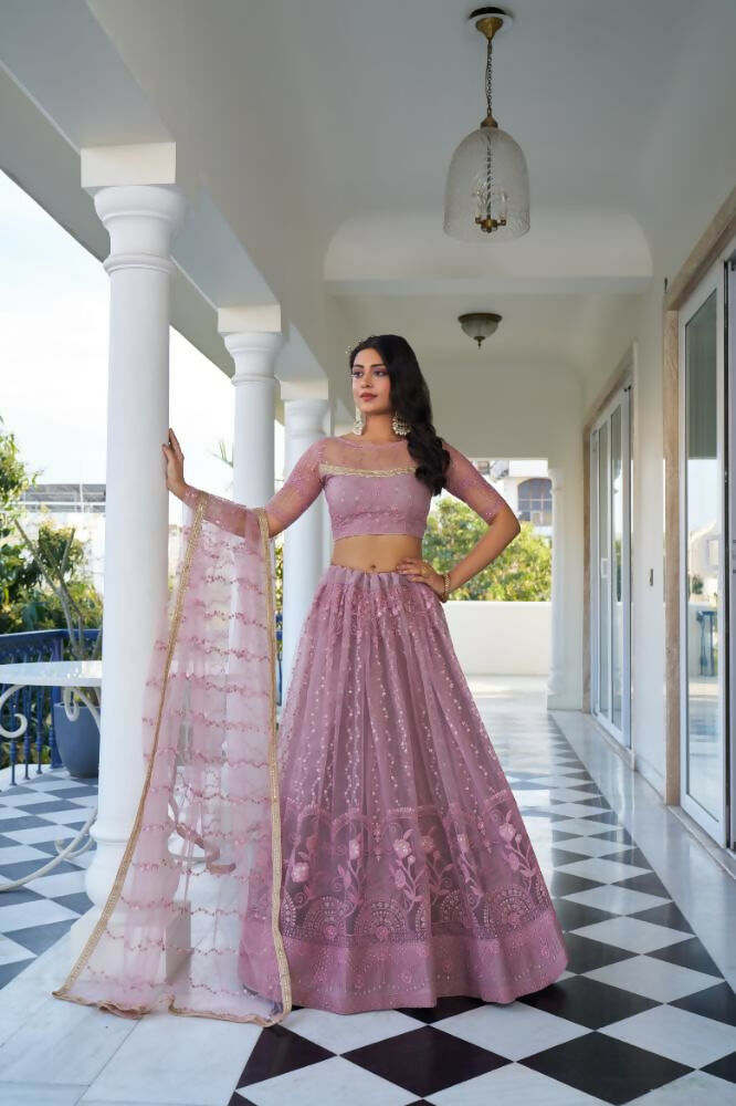 Aastha Fashion Dusty Pink Butterfly Net Tone To Tone Cotton Thread Work And Sequence Work Embroidery Wedding Wear Lehenga Choli