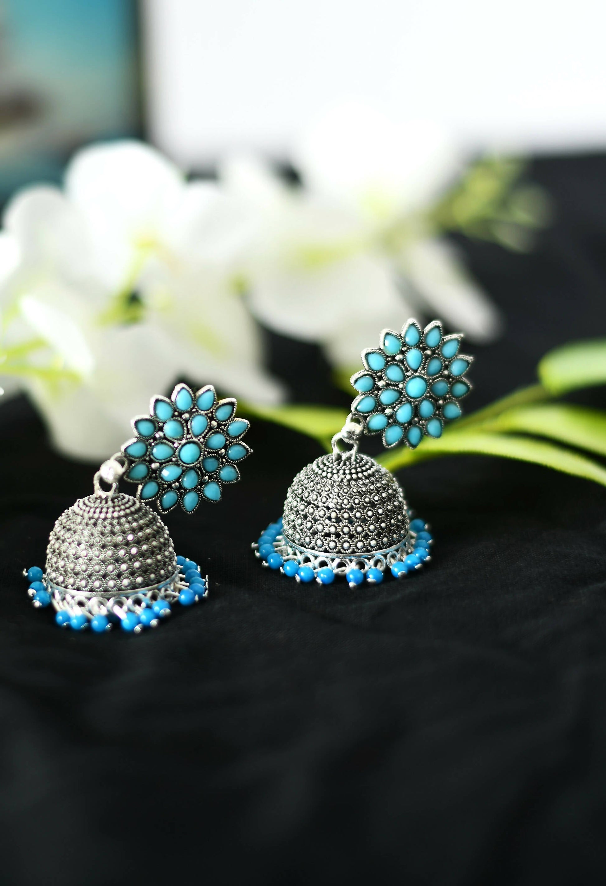 Mominos Fashion Joharkamal Kundan work Jhumka with Sky Blue Beads - Grab2buy