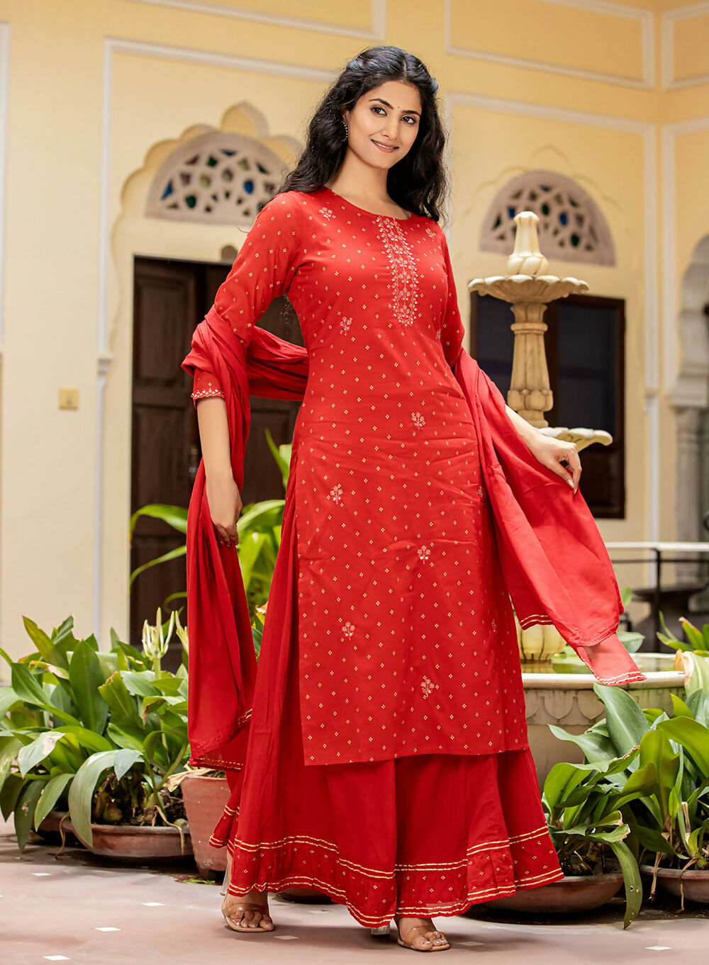 Kaajh Women's Red Gold Printed Cotton Kurta Sharara With Dupatta Set