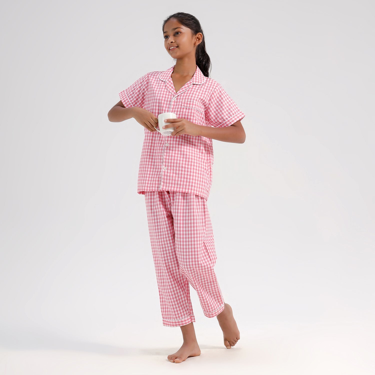 Chilins Kids Cotton Blend Night Suit| Sleepwear | Checked Design | Pink