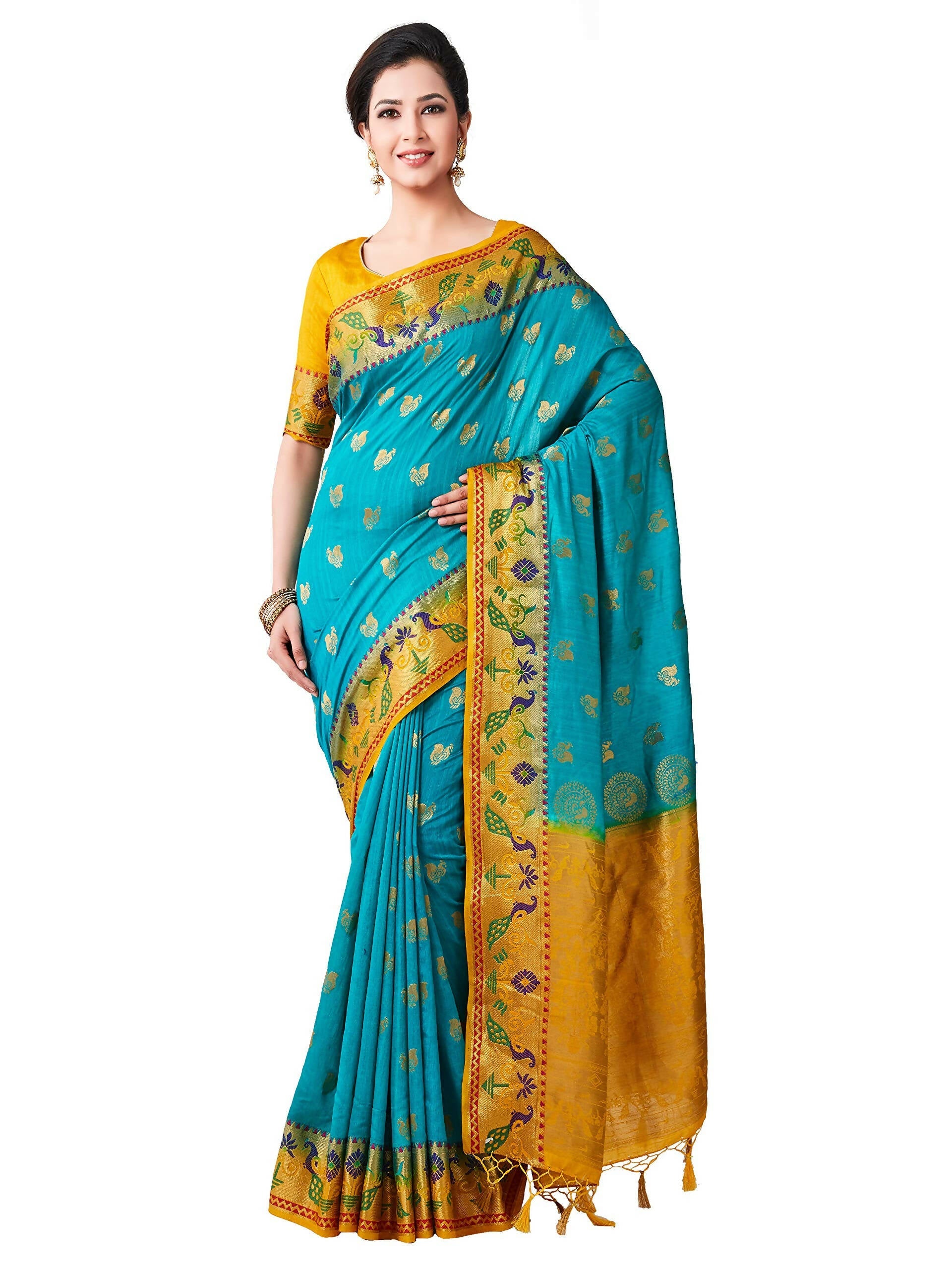 Mimosa Women's Turquoise Kanchipuram Silk Saree